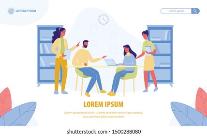 Group of People in Office Workplace or Library Communicating, Teamwork, Brainstorm, Creative Team Discussing Project, Boss Giving Job Instruction. Cartoon Flat Vector Illustration, Horizontal banner