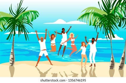 group of people on the beach. happy people jump. company of friends on vacation