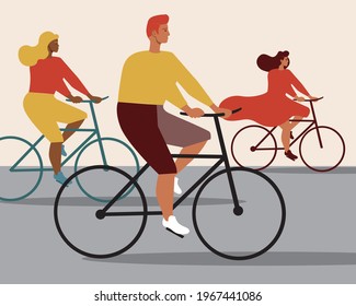 A group of people on a bike. Flat vector stock illustration. Urban cycling together. Riding a bike on the road. Cyclists are friends. A fun hobby. Vector graphics