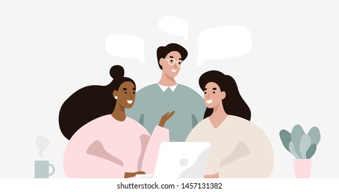 Group of people on business meeting, brainstorming, talking about new solutions. Flat vector illustration.