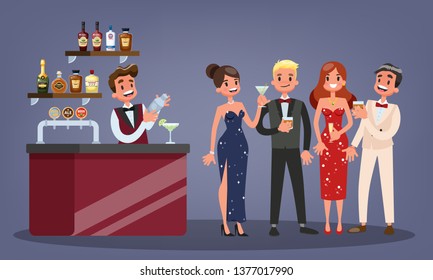 Group Of People On The Cocktail Party. Woman In Beautiful Dress With Glass Of Alcohol Beverage. Elegant Man In Suit. Vector Illustration In Cartoon Style