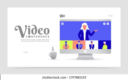 Group of people on computer screen taking together, video conferencing concept