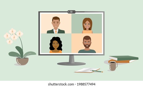 A group of people on a computer screen communicating via video link. The concept of remote work at home, online learning, business conferences, secure communication. Vector illustration