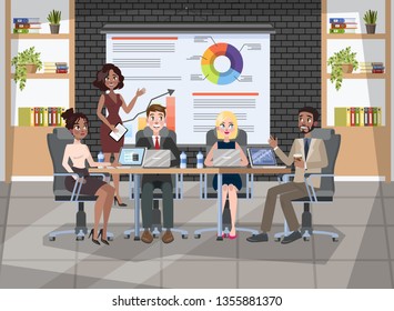 Group of people on a conference. Workers sitting around the table on the meeting. Office conference room. Teamwork and brainstorming, woman make presentation. Vector illustration in cartoon style