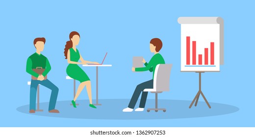 Group of people on a conference. Workers sitting around the table on the meeting. Office conference room. Teamwork and brainstorming. Flat vector illustration