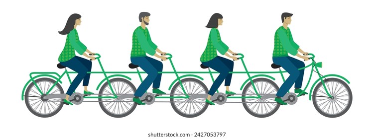 Group of people on green tandem bicycle. Vector illustration.