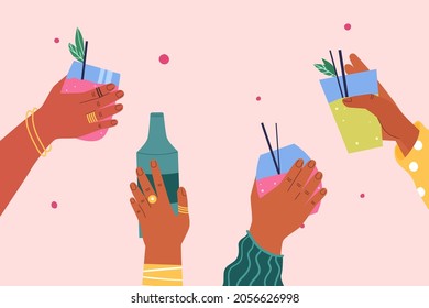 A group of people on a holiday. Hands hold different types of alcohol. Vector illustration.
