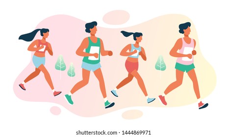 Group of people on marathon. Long distance race competition. Characters in sportswear running. Vector illustration in cartoon style