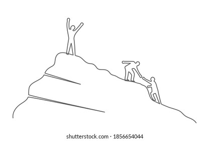 Group of people on the mountaintop. One line drawing. Business, teamwork, success, help and goal concept.