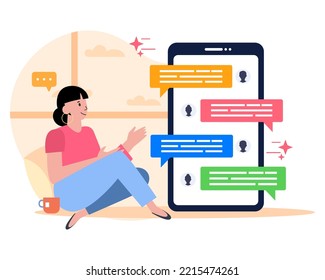 A group of people on the phone chatting discusses a project. group conversation on online chat. flat vector illustration.