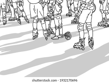  group of people on roller skates. In their free time, people go in for sports and relax with a large company. vector illustration, contour style