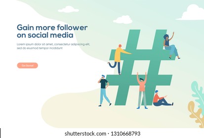 group of people on social media with hashtag, people add more follower with hashtag, social media marketing, 
can use for, landing page, template, ui, web, background, poster, banner, flyer