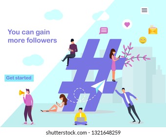 Group of people on social media with hashtag, people add more follower with hashtag, social media marketing, can use for, landing page, template, ui, web, background, poster, banner, flyer