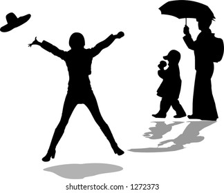 group of people on the street, a girl jumping and a mother and son under umbrella - vector illustration
