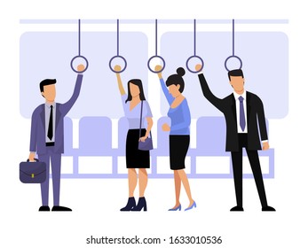 Group of people on subway commute vector illustration. Business people inside city underground. Passengers in metro
