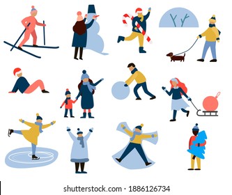 A group of people on a white background. Men, women and children are busy with winter activities. Various characters. Vector illustration