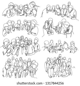 group of people. one line. continuous line. vector illustration. set