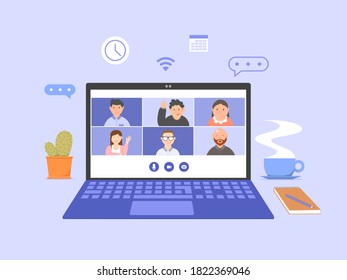 Group of people Online meeting, teleconference on computer screen Vector illustration.  