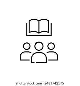 Group of people and open book. Collective learning, group study or book club. Library or book store. Vector icon