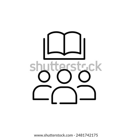 Group of people and open book. Collective learning, group study or book club. Library or book store. Vector icon