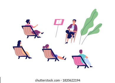 Group of people at outdoor lecture vector flat illustration. Teacher speaking in front of audience sitting on comfy chairs at park isolated. Coach and listeners study at seminar, training or courses