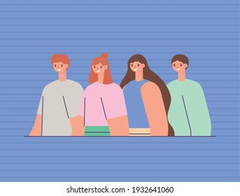 group of people over a blue background vector illustration design