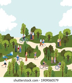 Group Of People In The Park Doing Activities Vector Illustration Design