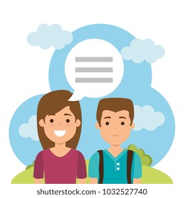 group of people in the park with speech bubbles
