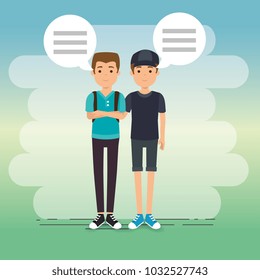 group of people in the park with speech bubbles
