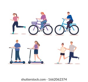 group people performing activities avatar characters vector illustration design