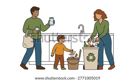 Group of people performing home recycling and sorting waste into bins