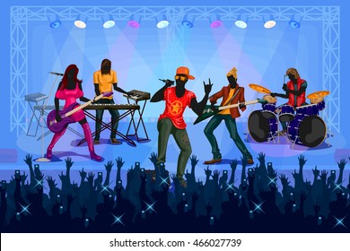 Group of people performing live on Music band concert performance. Vector illustration