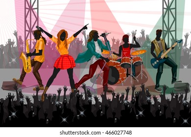Group of people performing live on Music band concert performance. Vector illustration