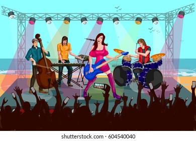 Group of people performing live on Music band concert performance. Vector illustration