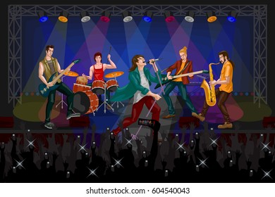 Group of people performing live on Music band concert performance. Vector illustration