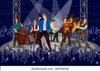 Group of people performing live on Music band concert performance. Vector illustration