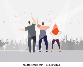 Group of people performing on the stage in front of crowd. Flat design human's characters in colourful clothes. 