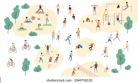 Group people performing sports activities at park    doing yoga   gymnastics exercises  jogging  riding bicycles  playing ball game   tennis  Outdoor workout  Flat cartoon vector illustration