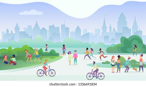 Group of people performing sports activities at park. Doing gymnastics exercises, jogging, talking and walking, riding bicycles, playing with pets. Modern public city park street vector illustration.