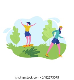 Group of people performing sports activities, leisure at park skiing, skateboarding. Characters woman doing outdoor workout. Flat cartoon vector illustration