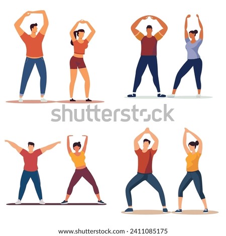 Group of people performing stretching exercises. Men and women in fitness workout poses. Healthy lifestyle and gym class routine vector illustration.