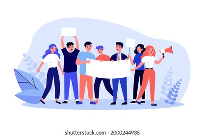 Gruppe von Menschen mit Plakat und Banner auf Protest. Weibliche Schriftzeichen, die in eine Megaphon-Flavektor-Vektorgrafik sprechen. Demonstrations-, Aktivismus-Konzept für Banner, Website-Design oder Landing-Website