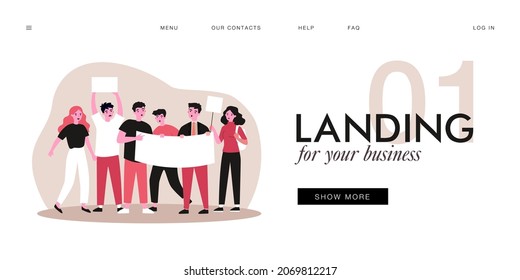Group of people with placard and banner at protest. Female character speaking into megaphone flat vector illustration. Demonstration, activism concept for banner, website design or landing web page
