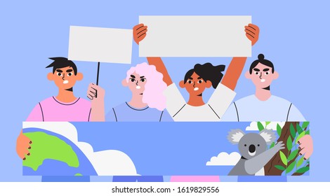 Group of people with placards, banners and signs protesting on a public mass demonstration, meeting or environmental campaign. Ecologiacl problems and environmental protection, save the earth concept.