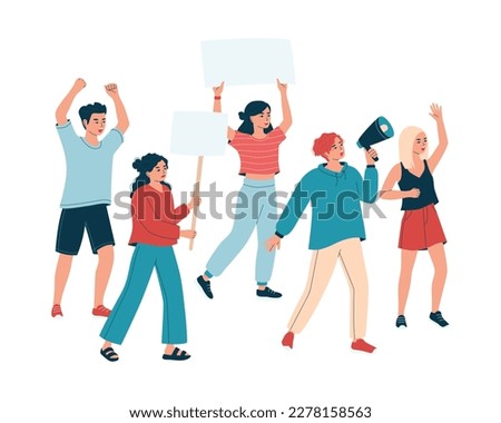 Group of people  with placards on demonstration. Angry men and women on parade, picket or strike. Activists, peaceful rights protest, manifestation. Isolated flat vector illustration
