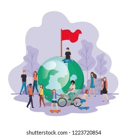 group of people with planet earth avatar character