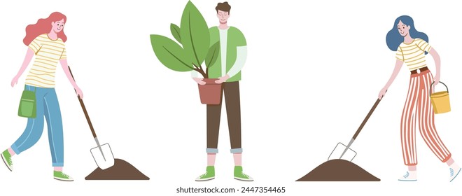 Un grupo de personas planta un árbol sobre el fondo blanco. Día de la Tierra. Medio Ambiente del Planeta Verde. Ilustración vectorial plana de dibujos animados