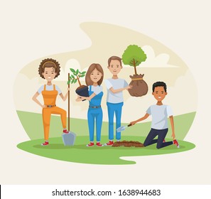 group of people planting in the camp vector illustration design