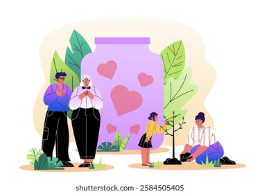 Group of people planting trees with a large jar of hearts in the background, symbolizing charity and care. Colorful background with green leaves