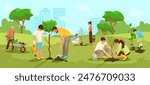 A group of people planting trees in a park, cartoon graphic style, cityscape in the background. Concept of community gardening and environmental conservation. Vector illustration